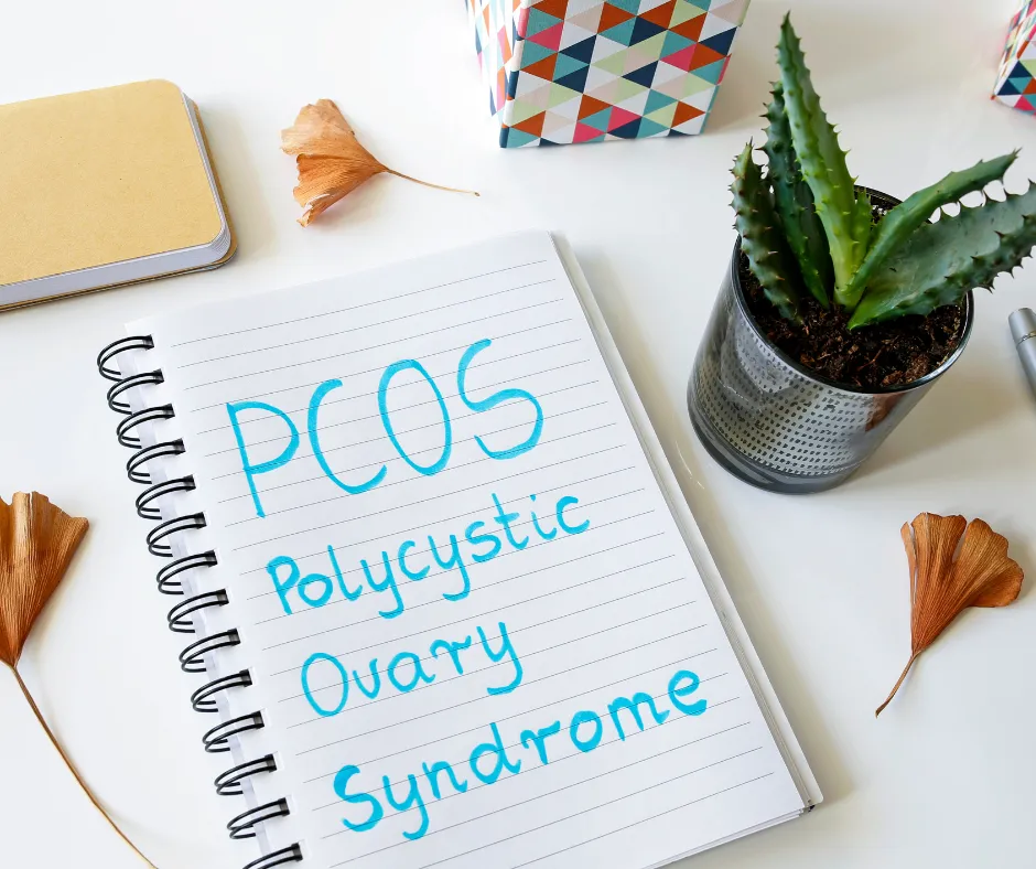 notebook with the words PCOS