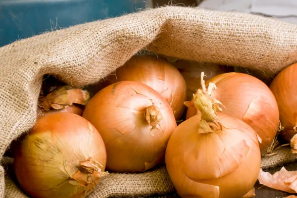 Raw onions in a hessian bag