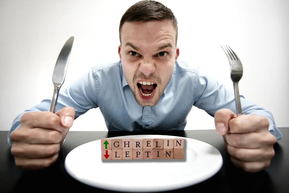 Man with an empty plate looking hungry holding knife and form (Grehllin and Leptin) in front of the plate spelled out in building blocks