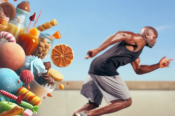 An image showing a juxtaposition of themes: on the left, there is an overflowing abundance of sweets and sugary treats, including candies, cakes, and sugary drinks, in a brightly coloured, chaotic arrangement. On the right, a muscular athlete is captured mid-sprint, running to the right away from the sugary temptations. The athlete is focused and determined, with a dynamic pose that suggests speed and power. The background appears to be a clear, blue sky, implying an open-air setting. The contrast between the healthy lifestyle represented by the runner and the unhealthy sweets represents a clear choice between health and indulgence.