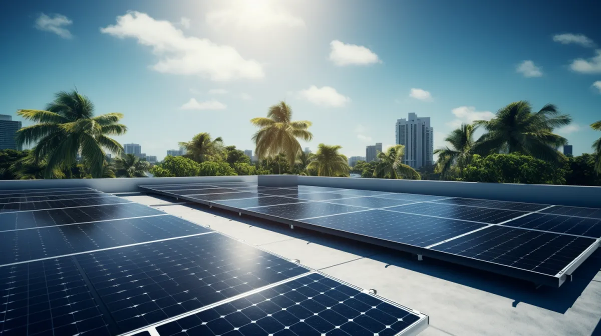 modern houses featuring solar panels on their roofs, under a bright sunny sky, surrounded by lush green trees and clean streets, depicting a sustainable, solar-powered community.