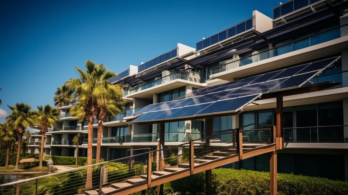 A modern condo with seamlessly integrated solar panels, enhancing its aesthetics and marketability.