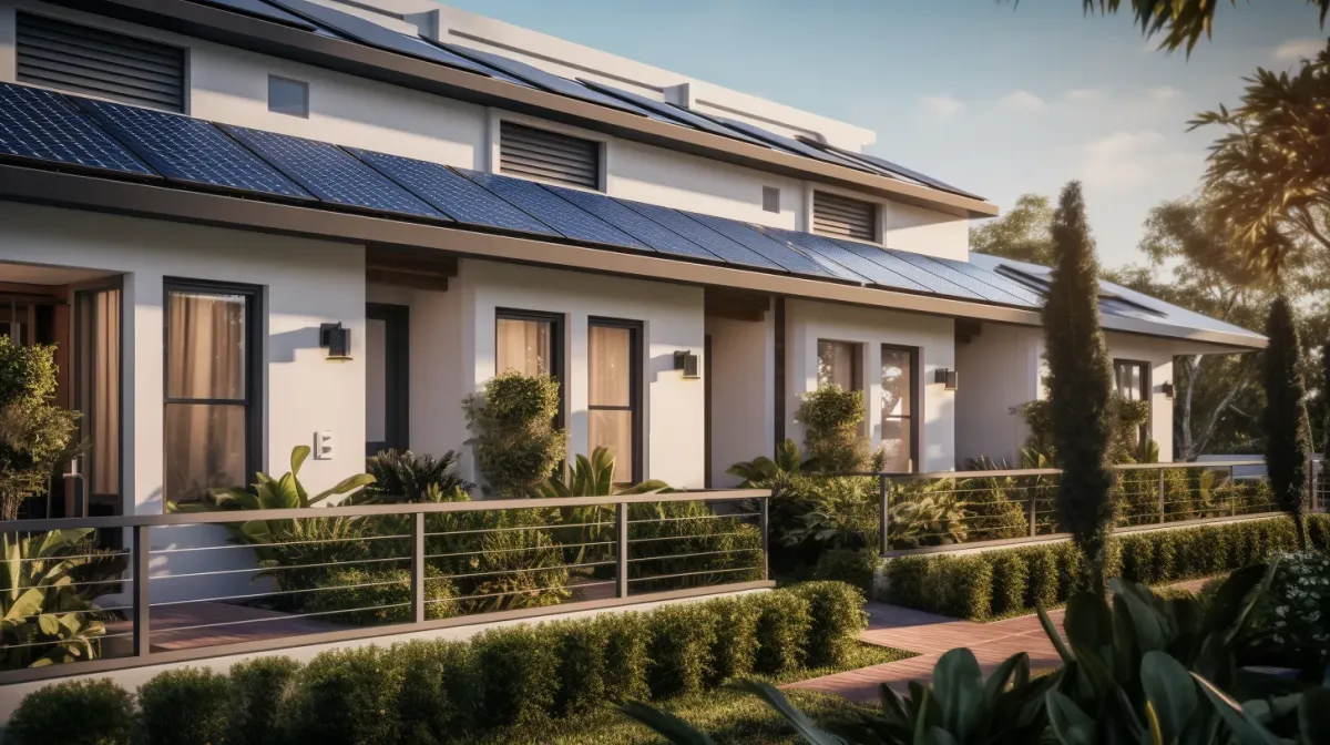 Close-up of premium solar panels seamlessly integrated into the aesthetics of a townhome, highlighting the quality offered by LUX Energy Solutions.