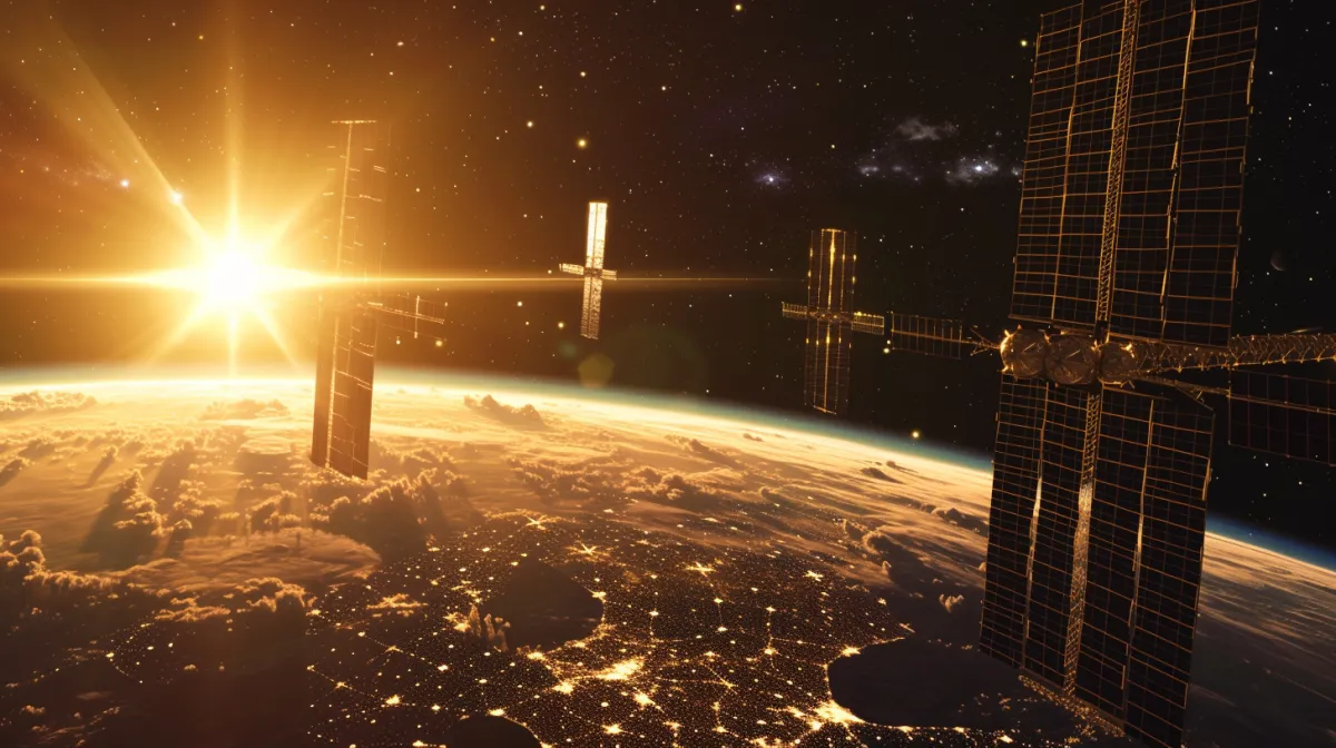A dazzling view of solar orbital reflectors in Earth's orbit, capturing and redirecting sunlight with precision, shaping the future of clean energy.