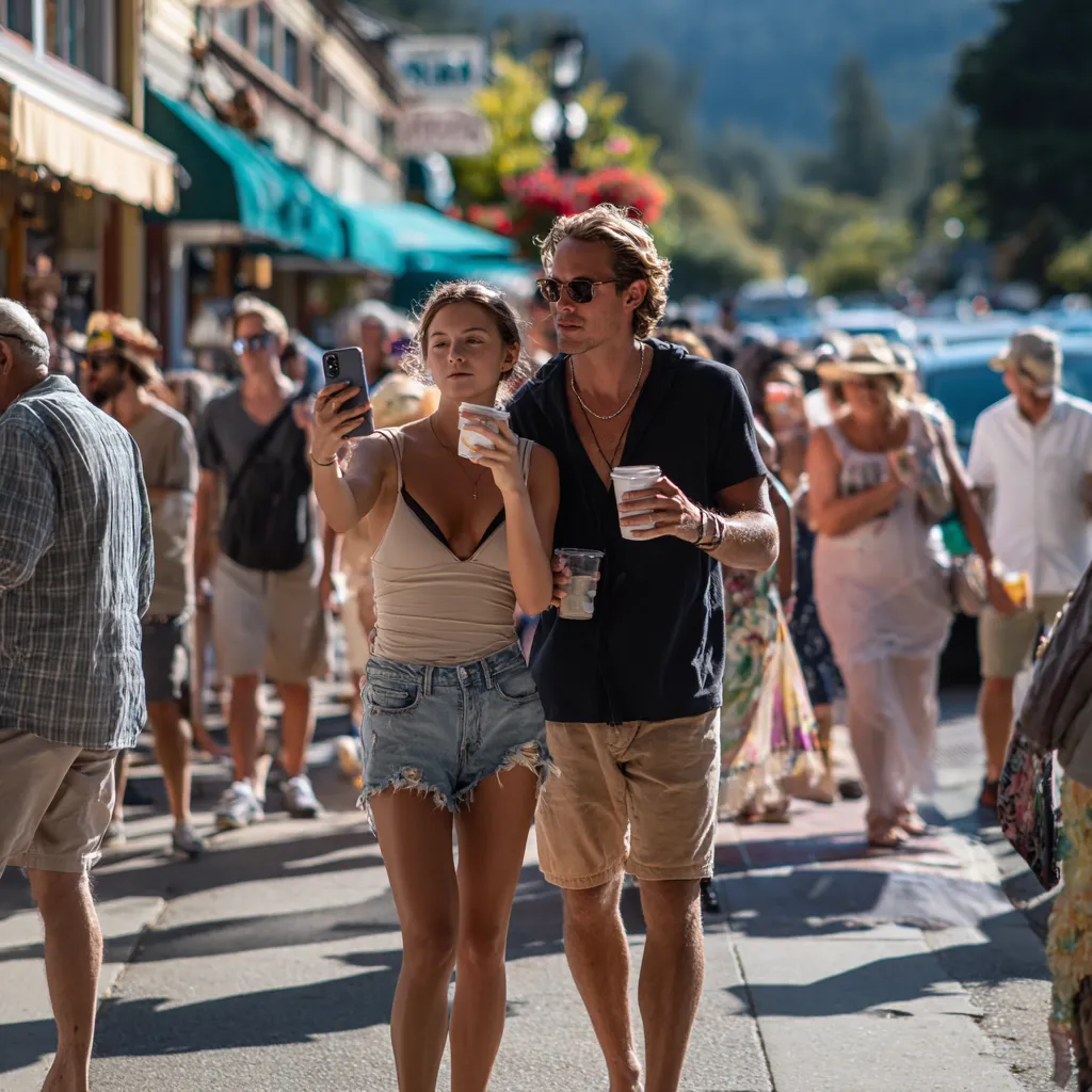 A couple walking and taking a selfie on a summer day in mill valley