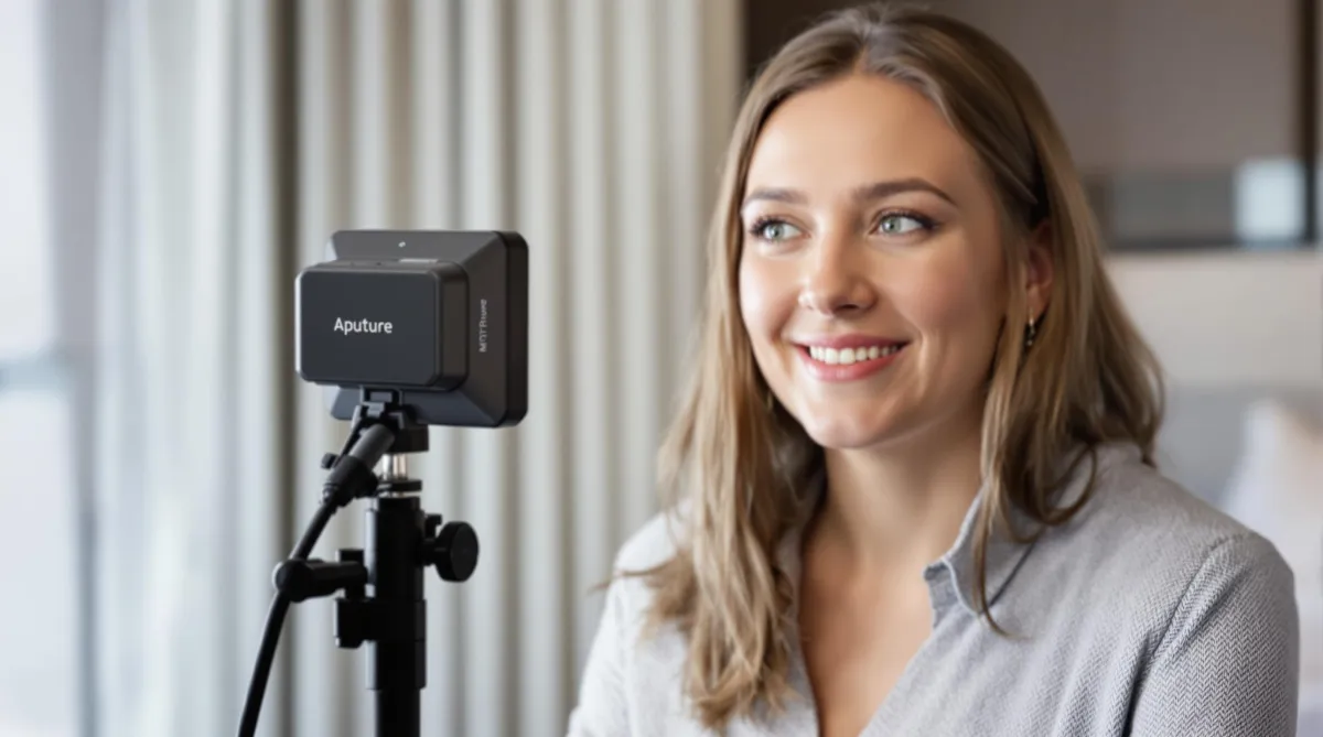 Professional content creator using Aputure MC Pro LED light setup in hotel room for video filming