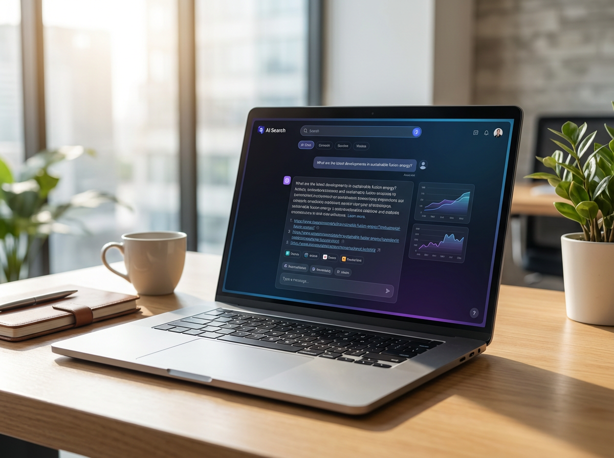 AI-powered answer engine interface showing conversational search results with business citations and direct answers