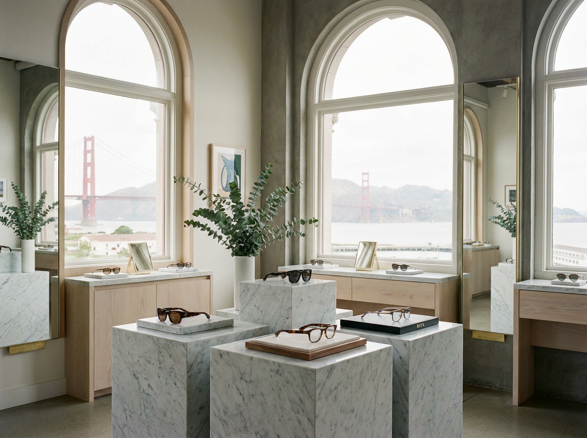 Luxury eyewear collection displayed in upscale San Francisco Bay Area optical boutique