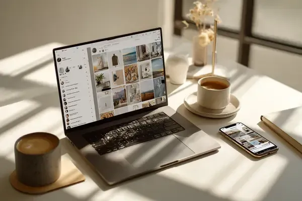 SEO specialist adding alt text to Instagram post on laptop with smartphone showing accessibility features in modern workspace