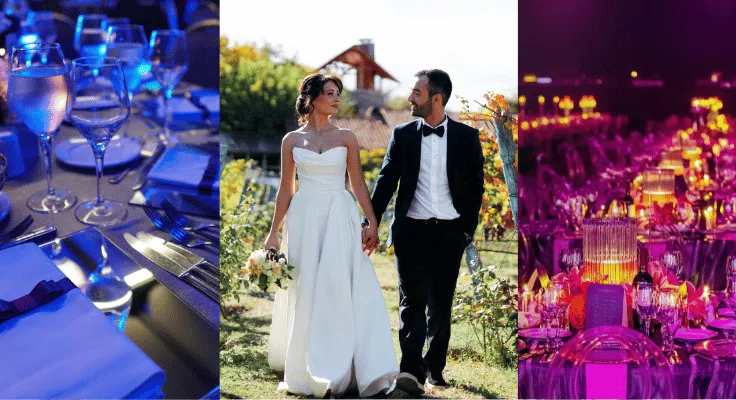 Three snapshots of September events: a candlelit fundraiser, an elegant indoor gala, and an outdoor wedding—all capturing the pace and polish of fall event season.