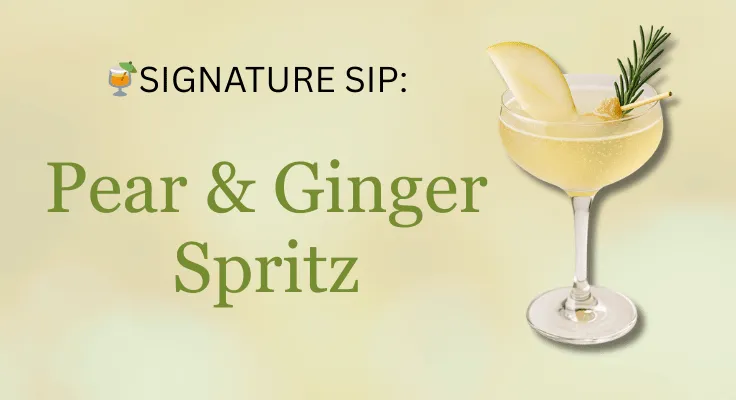 Pear & Ginger Spritz cocktail garnished with pear slice and candied ginger in a stemmed glass.
