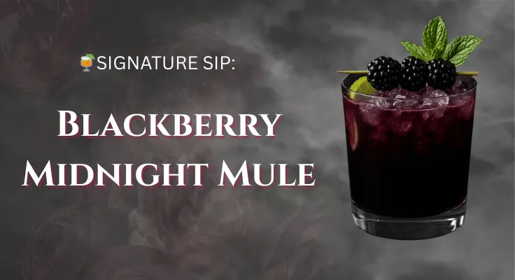 Blackberry Midnight Mule cocktail in a clear glass, garnished with blackberries and mint sprig.