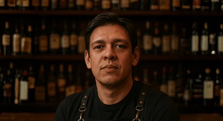 Portrait of Andrés, a professional bartender, centered in front of a warm, bottle-lined bar backdrop, wearing a black apron