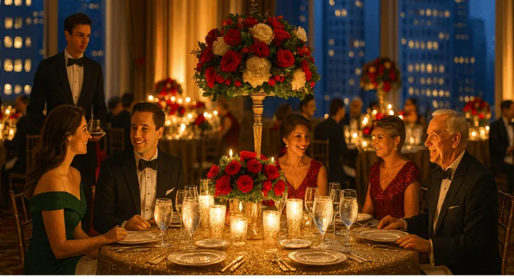 Holiday gala with pink and purple lighting, guests mingling in a festive ballroom.
