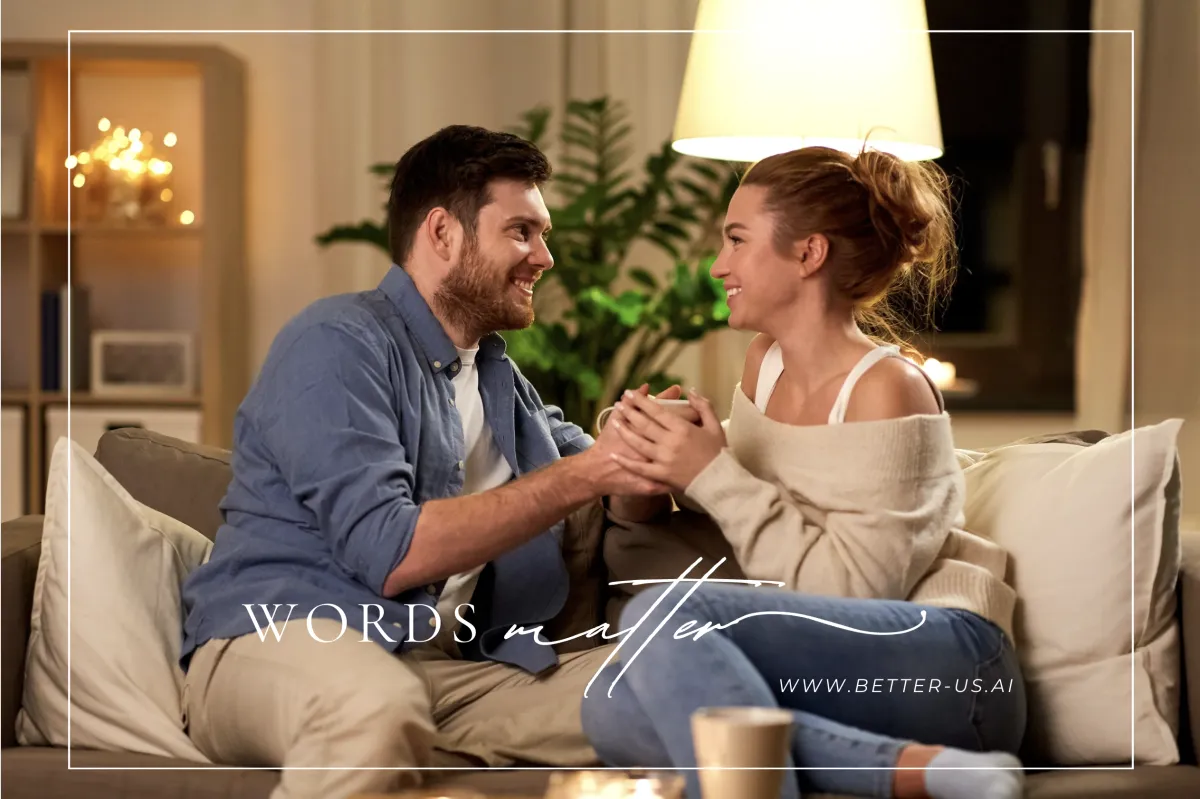 A couple sitting close together, engaged in a warm and open conversation, visually representing the power of words in emotional connection and secure relationships.