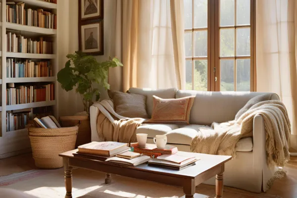 Cozy living room with books and natural light