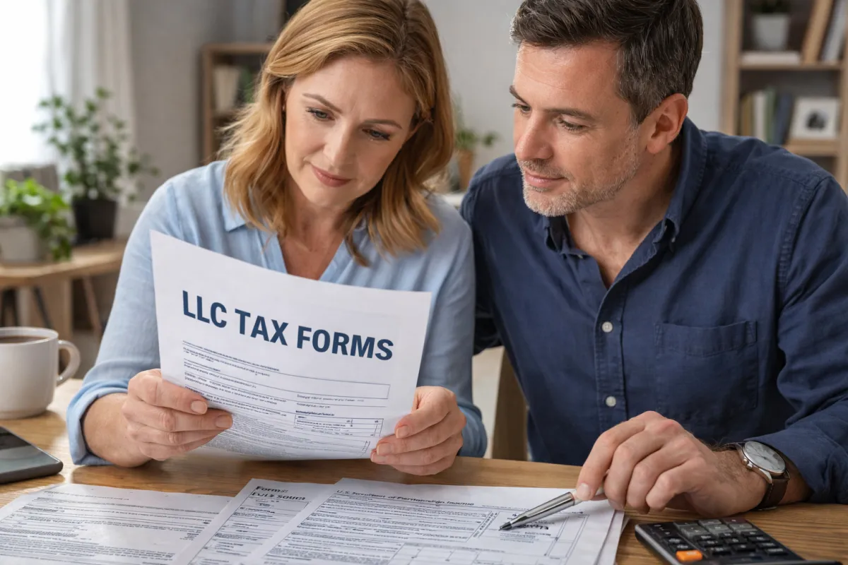 Husband and wife reviewing LLC tax filing requirements.