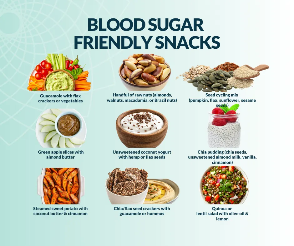 Image showing blood sugar friendly snacks like guacamole, nuts, and seeds.