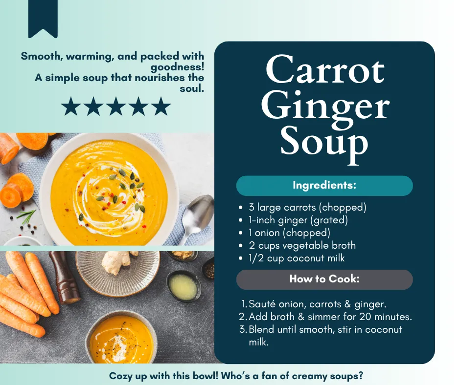 A bowl of carrot ginger soup with garnish, surrounded by ingredients like chopped carrots, ginger, and a spoon.
