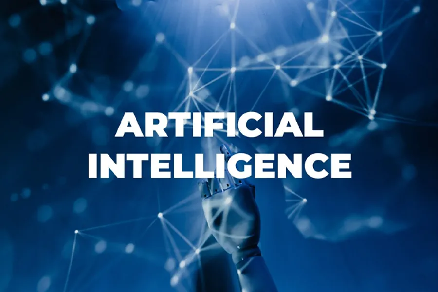 The words artificial intelligence on a futuristic background with an AI Robot hands and connecting lines and dots