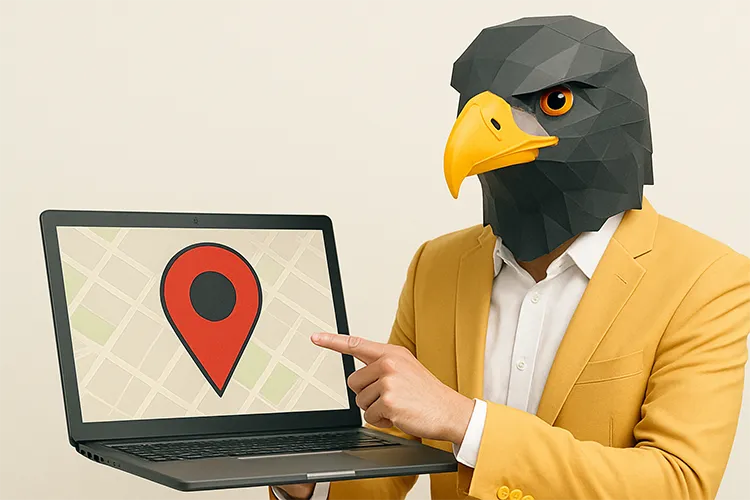 SEO Specialist with an eagle poly mask face holding a laptop with a location map pin on the screen