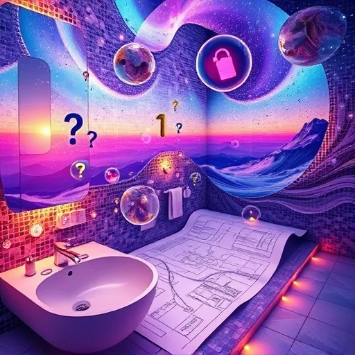 A surreal, vibrant bathroom interior floating in a dreamlike environment, featuring shimmering tiles that resemble cosmic nebulae, whimsical faucet sculptures, and kaleidoscopic mirrors. An animated blueprint with tiny question marks unfurls in the foreground, symbolizing questions to ask your bathroom remodeling contractor. Surrounding the scene are semi-transparent bubbles containing icons such as a wrench, checklist, magnifying glass, and clock, representing crucial considerations for renovation projects. The background showcases swirling gradients of deep blue, purple, and gold, evoking wonder and endless possibilities. Quirky creatures peek behind fixtures, and glowing pathways lead toward a mystic horizon, creating an inspiring, trust-inspiring atmosphere that encourages homeowners to approach bathroom remodeling with curiosity and confidence. Richly saturated colors like luminous violet, electric blue, and vibrant gold accent key elements, delivering an otherworldly yet approachable visual perfect for a blog cover on bathroom renovation questions.