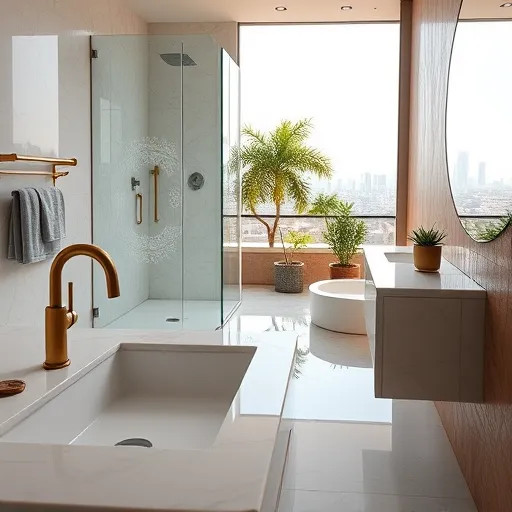 A photorealistic image of a luxurious, modern bathroom in West Los Angeles, CA, featuring polished marble countertops, innovative glass shower enclosures with detailed etchings, and stylish floating vanities illuminated by soft LED lighting. Natural light filters through large frameless windows, showcasing lush greenery and a distant cityscape. Quirky decor elements include a vintage brass faucet with ornate engravings and a small succulent garden on the windowsill. The background displays a minimalist towel rack, textured wall tiles, and a sleek mirror reflecting soft shadows, all set within a warm neutral palette of creamy whites, beiges, and grays, accented by brass, deep green, and subtle blue tones, emphasizing sophistication and elegance in upscale bathroom remodeling.
