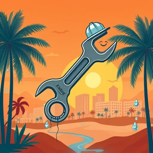 A vibrant, symbolic blog cover image showcasing professional bathroom contractors in Palms, CA. Central to the scene is an ornate vintage plumbing wrench intertwined with lush palm fronds, symbolizing craftsmanship and local natural beauty. Surrounding the wrench are flowing streams and crystal-clear water droplets, representing cleanliness and expertise. In the background, a stylized cityscape of Palms features elegant palm tree silhouettes and modern buildings under a warm sunset sky with hues of orange, red, and pastel yellow, conveying warmth and trust. Whimsical smiling pipes wind through the scene, adding a cheerful, approachable touch, while minimalist worker hats atop palm leaves symbolize mastery and pride. The composition uses intricate line details, symmetry, and layered symbolism to create an aesthetic that blends natural motifs with human industry, evoking professionalism, dependability, and harmony. Earthy tones of terracotta, green, and beige accented with blue emphasize freshness, with light and shadow adding depth and a timeless feel.