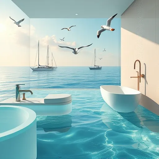 A surreal, vibrant depiction of a luxurious bathroom scene symbolizing trusted contractors in Marina del Rey. The image features an expansive, dreamlike landscape where bathroom walls blend seamlessly into an oceanic horizon, with crystalline water gently flowing over abstract, floating fixtures resembling oversized, glossy plumbing parts made of iridescent glass. Soft waves ripple against stylized, oversized soap bubbles that hover mid-air, reflecting shimmering sunlight and adding a playful yet sophisticated atmosphere. Elegant, elongated tools such as wrenches, paintbrushes, and measuring tapes morph into whimsical, mythical creatures like a wise octopus with multiple arms holding various tools, emphasizing mastery and reliability. In the background, a stylized marina skyline with surrealist elements includes boat masts elongating into twisting tree trunks and abstract seagulls fashioned from swirling paintbrush strokes soaring overhead, blending marine and construction themes. The color palette features soft yet vibrant hues of turquoise, aquamarine, and warm coral, evoking calm professionalism infused with vibrancy and trustworthiness. Playful details include tiny floating lighthouse-shaped light fixtures casting gentle glows, and bubbles filled with miniature tools or schematics, highlighting expert craftsmanship. The overall scene conveys a serene yet lively atmosphere, suggesting that these trusted contractors operate with confidence, creativity, and a touch of surreal magic, transforming ordinary bathroom renovations into an extraordinary, imaginative experience without depicting human figures but evoking the trustworthy, inventive spirit of the professionals behind the scenes.