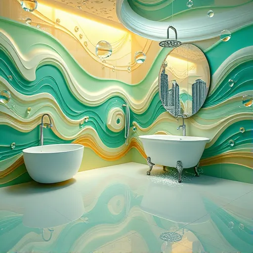 A surrealist depiction of bathroom remodeling success stories set in an expansive, dreamlike bathroom scene blending reality and fantasy. Vibrant, glossy tiles ripple like water, transforming into flowing ribbons of emerald green, soft gold, and calming cerulean, symbolizing achievement and tranquility. Elegant fixtures such as bathtubs and sinks hover amid swirling clouds resembling mist and opulence. Sparkling faucets drip droplets that spiral into luminous pools on a shiny floor. Quirky details include oversized, whimsical mirrors reflecting distorted urban skylines and floral-shaped showerheads releasing glowing orbs, representing ideas and success. Translucent pipes twist into playful serpents and dancers, illustrating transformation. The background features floating bubbles and iridescent reflections within muted gradients, creating a calming, inspiring mood. The color palette highlights shimmering blues, lush greens, warm golds, with iridescent and metallic accents, embodying a harmonious, imaginative universe of bathroom renovation triumphs.