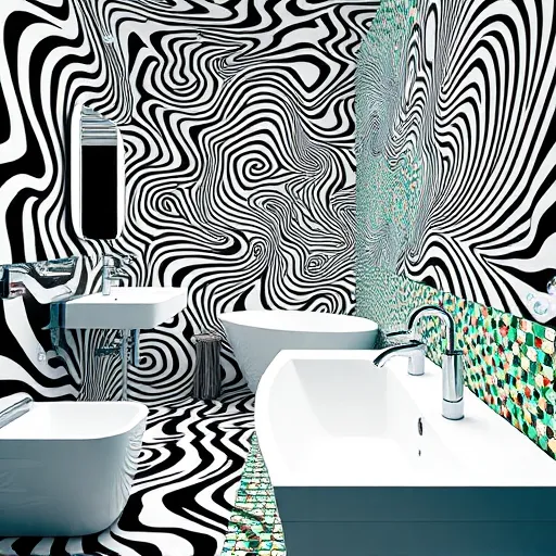 A vibrant bathroom scene inspired by OpArt, featuring sleek, modern fixtures such as a minimalist sink, contemporary bathtub, and shiny chrome faucets. The space is filled with dynamic black-and-white geometric patterns and swirling illusions that create a sense of movement and transformation. Playful details include floating soap bubbles with rainbow hues and a mosaic of colorful tiles arranged in spirals, adding whimsy. Reflective surfaces with exaggerated reflections enhance the abstract environment, emphasizing renovation and rebirth. The color palette includes calming aqua, crisp white, and pops of lime green or coral, promoting freshness and rejuvenation. Hidden within the patterns are subtle, stylized tools like hammers and paintbrushes, symbolizing craftsmanship. The overall mood is playful yet professional, highlighting innovative bathroom remodeling that combines classic elements with optical illusions to inspire viewers’ renovation ideas.
