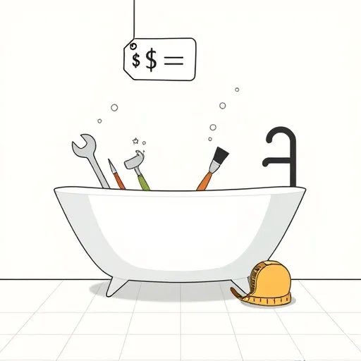 A minimalist illustration of bathroom remodeling costs featuring a modern, stylized bathtub with subtle shadowing, surrounded by simple icons of a wrench, paintbrush, and measuring tape to represent renovation tools. Above, a playful price tag with a whimsical dollar sign with legs adds personality. The background uses soft pastel colors, including blues, greys, and beiges, creating a calm and professional atmosphere. Small cartoon bubbles and sparkles float around the tools, adding a sense of freshness and creativity. The faint outline of bathroom tiles and fixtures provides context, while the overall design emphasizes clarity, charm, and a approachable discussion of bathroom renovation expenses.