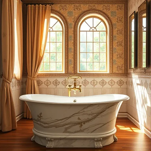Luxurious bathroom remodel in Jefferson Park, CA, featuring a High Renaissance style with warm earth tones, soft gold accents, and pastel details. The scene includes an elegant marble bathtub with gilded fixtures and ornate craftsmanship. Flowing curtains allow natural sunlight to filter through large arched windows, casting gentle shadows on polished hardwood floors. The background showcases intricately patterned mosaic tiles inspired by Renaissance art, blending modern design with historic elegance. Playful botanical motifs, such as vine and flower patterns, weave through architectural elements, adding whimsical charm. A vintage brass faucet with detailed engravings serves as a focal point, while a polished mirror reflects hidden storage and contemporary amenities. The atmosphere is calm, sophisticated, and timeless, highlighting a beautifully remodeled bathroom that combines Renaissance artistry with modern comfort and quirky personality.