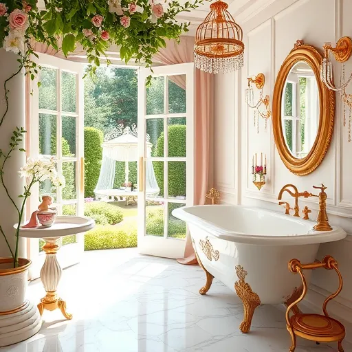 A luxurious Rococo-inspired bathroom set within a lush garden courtyard, featuring intricate gold-trimmed fixtures, delicate curving porcelain sinks and bathtubs with ornate floral carvings, and swirling marble pillars. Soft pastel shades of blush pink, mint green, and creamy ivory create an elegant, romantic atmosphere. Whimsical details include a vintage birdcage with colorful songbirds on the vanity, gilded towel racks resembling twisting vines, and playful rococo-style cherub soap sculptures. The background shows open French doors revealing a garden landscape, with a dreamy watercolor wash blending into the scene. Light filters through stained-glass windows casting rainbow hues on marble floors, while lace curtains flutter in a gentle breeze. Additional charming elements include a porcelain teacup filled with blooming jasmine, an elaborate rococo mirror, and ornate chandeliers with crystal accents, all conveying an opulent, fairy-tale bathroom ambiance ideal for high-end renovation inspiration.