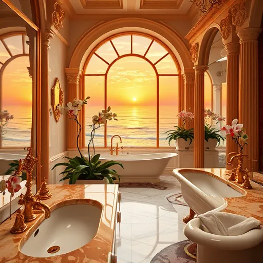 A luxurious bathroom scene inspired by Baroque art, showcasing opulent design elements for high-end bathroom remodeling in El Segundo, California. The image features intricately crafted marble countertops with swirling gold accents, illuminated by warm ambient lighting that enhances the sophisticated atmosphere. Elegant vintage-style faucets with ornate filigree details adorn deep claw-foot tubs, surrounded by lush greenery and blooming tropical orchids, reflecting the coastal Californian environment. In the background, a grand archway frames a panoramic window revealing a stunning sunset over the Pacific Ocean, with soft golden light filling the space. Decorative columns with carved acanthus leaves support a high, intricately coffered ceiling, emphasizing grandeur and craftsmanship. Playful accents include tiny cherubs perched on fixtures holding miniature brushes and towels, adding whimsical charm. Reflective polished surfaces reveal modern touches such as sleek frameless glass shower doors and contemporary tilework, blending classic elegance with modern design. The color palette features deep golds, creamy beiges, emerald greens, and warm terracotta hues, creating a warm, inviting, and sophisticated ambiance that captures the essence of premium bathroom remodeling in El Segundo with a timeless yet playful aesthetic.