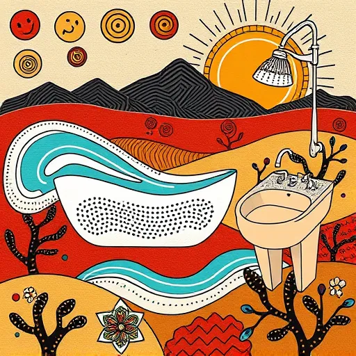 A vibrant Aboriginal Art-inspired design illustrating top-rated bathroom remodeling in Crenshaw, CA. The composition features stylized, geometric bathroom fixtures: an abstract whirlpool bathtub with swirling patterns, a sleek vanity with dotted textures, and a modern showerhead with zigzag motifs, seamlessly blending into a landscape. Organic, flowing lines resembling water currents surround these central elements, symbolizing renewal and refreshment. Playful details include tiny, smiling tile patterns and whimsical faucets with exaggerated shapes, adding personality. The background depicts a desert landscape with layered, patterned mountains and a rising sun composed of concentric circles and dot accents, reflecting California's scenery. Subtle leaf and flower motifs bring an earthy, calming vibe. The color palette consists of warm terracotta reds, sandy beiges, vibrant ochres, and cool aquamarines, accented with black and white for contrast, creating an energetic, inviting atmosphere that marries modern renovation with traditional Aboriginal art aesthetics.