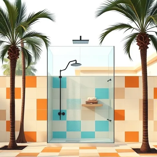 A modern walk-in shower featured amidst a sunny palm grove in Palms, CA, depicted through Bauhaus-inspired minimalism. The scene includes a transparent glass shower enclosure with sleek metallic fixtures and a curved, streamlined showerhead. Surrounding the shower are bold geometric patterns of rectangular tiles in aqua blue, terracotta orange, and white, arranged in overlapping, harmonious designs. Stylized, angular palm trees with simplified leaves and bold black trunks frame the scene, adding rhythmic balance. In the background, a mid-century modern building with flat rooflines is abstracted into geometric shapes, suggesting the California location. Playful details include an oversized, stylized soap bar with chunky contours on a floating shelf and angular water droplets captured mid-splash, creating a lively touch. The color palette features muted ochre, soft turquoise, and warm sand tones, accented with stark black for contrast. The overall composition exudes clarity, order, and artistic abstraction, blending tranquility with bold Bauhaus aesthetics—minimal, structured, and subtly playful.