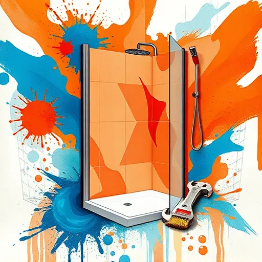 An abstract, expressive illustration of a modern shower remodeling scene featuring a stylized shower enclosure emerging from a vibrant splash of colors, including deep cerulean, warm terracotta, and metallic silvers representing water and renovation. Bold, flowing lines and gestural brushstrokes depict movement and transformation, conveying the energy of a bathroom facelift. Playful, oversized tools such as wrenches, brushes, and tiles with swirling contours add a whimsical touch. Minimal stylized water splashes and steam suggest activity without detailed figures. The background is a chaotic mix of unfinished tiles, splattered paint, and blueprint sketches, emphasizing creative renovation chaos through intense expressionist brushwork. Bright light and shadow effects highlight the raw beauty of the remodeling process. Quirky elements like tiny floating bubbles with faces and a smiling cartoon wrench with googly eyes enhance the scene's playful personality. Overall, the image exudes lively energy and optimistic enthusiasm, inspiring viewers about bathroom transformation through textured, bold brushstrokes and contrasting colors.