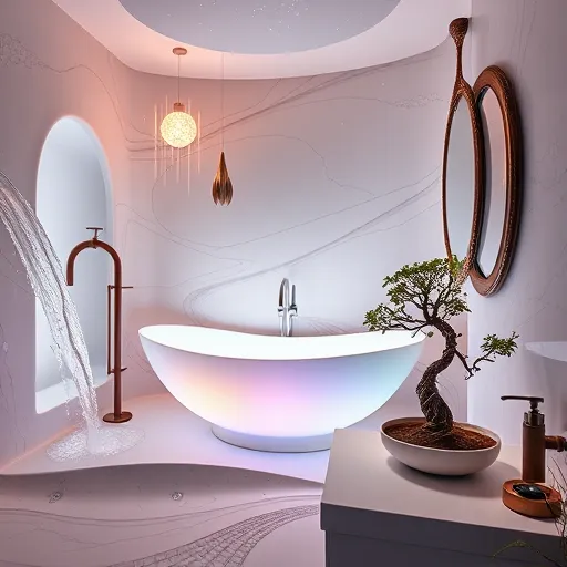 A whimsical surreal bathroom scene set in Windsor Hills, CA, features a floating teardrop-shaped bathtub glowing with iridescent pastel blues, pinks, and lavenders, creating a calming and luxurious atmosphere. Surreal waterfalls twist and curl around the tub, shimmering with hints of gold and silver leaf, symbolizing refined craftsmanship. The walls are made of undulating marble slabs with rippling wave patterns, embedded with abstract mosaic tiles resembling constellations. Vintage-inspired, oversized faucets shaped like mythical creatures, such as dragons or mermaids, add playful whimsy. Above, star-like abstract light fixtures cast a warm ambient glow, enhancing the otherworldly mood. An ornate mirror reflecting an inverted sky with stars and a crescent moon creates an illusion of a portal to another dimension. In the foreground, a small bonsai tree with labyrinthine roots grows from a sleek basin, blending nature with design. The vivid yet harmonious color palette includes soft pinks, mint greens, and deep indigos, emphasizing tranquility and wonder. The composition features curved, fluid lines and fantastical details, illustrating a high-quality, imaginative bathroom remodel in a surreal universe.