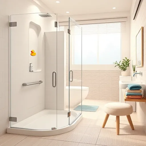 A highly detailed, hyper-realistic image of a senior-friendly bathroom renovation, showcasing a spacious, accessible design focused on safety and comfort. The scene features a walk-in shower with a low, wide threshold, transparent glass walls, and contrasting-colored grab bars for visibility. A height-adjustable sink with lever handles sits below an easily accessible, rounded-edge mirror, illuminated by soft, diffuse lighting from energy-efficient fixtures. The bathroom includes textured, non-slip flooring, a cushioned sitting stool with sturdy, rounded legs, and carefully arranged decorative elements such as a potted plant, neatly stacked colorful towels, and a textured wall resembling natural stone or wood. Natural light streams through a frosted window with simple blinds, enhancing the calm, welcoming atmosphere. Quirky accessories like a cheerful rubber duck floating in the shower reservoir and a playful animal-shaped soap dispenser add personality. The environment emphasizes spaciousness, clarity, and safety, with textures like smooth plastic, soft fabric, and glossy tiles, making this image ideal for a blog cover on senior-friendly bathroom renovations.