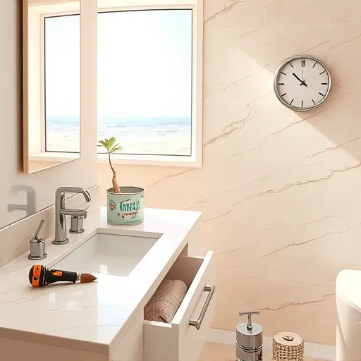 A realistic and vibrant scene of a modern bathroom under quick remodeling in Playa del Rey, California. The bathroom features polished marble countertops, shiny chrome fixtures, and new coastal-inspired patterned tiles. Tools like a cordless drill, paintbrush, and small buckets are casually arranged, indicating efficient craftsmanship. A contemporary vanity with an open drawer reveals neatly organized tools and fresh towels, creating an inviting atmosphere. In the background, a large window offers a view of a sunny sky with ocean breezes, blending coastal charm into the interior. Warm natural lighting highlights the cleanliness and precision of the renovation. Playful details include a smiling beach-themed soap dish beside the sink and a wave-shaped clock on the wall, adding personality and a relaxed, beach town vibe. Subtle elements like seashell-shaped handles and a small potted succulent enhance the coastal ambiance. The scene captures fine textures of tiles, reflections in the mirror, and gleams of new fixtures in a warm palette of sandy beiges, soft blues, and crisp whites, evoking both refreshing ocean influence and professional remodeling craftsmanship.