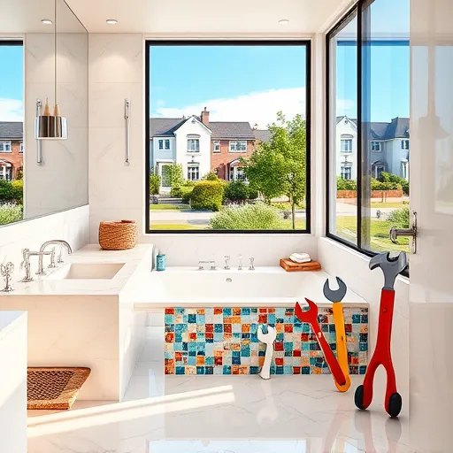 A vibrant digital illustration depicting a trusted bathroom contractor in Hawthorne, showcasing a modern, high-end bathroom with polished marble countertops, shiny fixtures, and a luxurious soaking tub decorated with colorful mosaic tiles. Reflective surfaces add depth and realism. Playful animated tools—a cheerful hammer with googly eyes, a smiling wrench, and a confident screwdriver—are subtly integrated to convey friendliness and approachability. The background features a scenic view of Hawthorne's neighborhood with cozy houses, lush greenery, and a clear blue sky, highlighting local expertise. Warm lighting enhances the pristine, professional environment, with soft whites, warm beige tones, and vibrant blue and green accents creating a clean, confident atmosphere. The sleek digital art style utilizes clean lines and smooth shading to produce a semi-realistic, modern look that appeals to viewers seeking reliable, friendly bathroom renovation services.