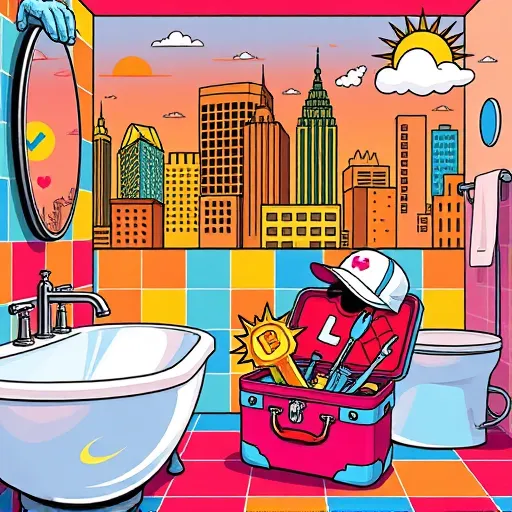 A colorful pop art-inspired illustration highlighting reputable bathroom contractors in Culver City, California. The scene features a stylized, comic-book aesthetic with bold lines, exaggerated shapes, and vibrant colors. It showcases a modern bathroom with luxurious bathtubs, shiny chrome faucets, and geometric, multicolored tile patterns. Playful cartoon icons represent professionalism and trustworthiness, including a gloved hand tightening a faucet, a shining badge with a checkmark, and a cheerful plumber's hat atop a toolbox filled with colorful tools. The energetic color palette includes reds, blues, yellows, and oranges, creating an inviting and lively atmosphere. In the background, a stylized cityscape of Culver City with bold outlines, sketchy buildings, and neon accents sets a recognizable urban California tone. whimsical details such as speech bubbles with icons of a thumbs-up, a heart, and a spark symbolize quality and passion for plumbing craftsmanship. Additional playful elements include a cartoon sun with sunglasses and a cloud shaped like bubble bath foam, adding charm and personality. The overall design conveys professionalism and approachability with a fun, eye-catching pop art style, perfect for a blog about trusted bathroom contractors in Culver City.