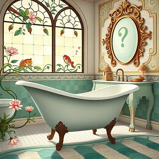 An ArtNouveau-inspired bathroom scene featuring flowing lines and ornate decorative elements. The stylized interior showcases a vintage clawfoot bathtub with curved legs, surrounded by lush floral motifs and shimmering iridescent tiles that reflect soft, calming light. Stained glass windows depict water lilies and aquatic life, creating a serene atmosphere. Quirky details include tiny carp fish, a vintage faucet with a mischievous face, and curling vines forming question marks to symbolize decision-making. An ornate vanity mirror with intricate frames echoes the organic curves, while delicate architectural features suggest timeless elegance. Subtle symbols like a vintage toolbox intertwined with flowers represent craftsmanship and remodeling expertise. Whimsical touches include a small owl perched on the vanity, symbolizing wisdom, and floating bubbles signaling ideas and freshness. The overall mood balances professionalism, artistry, and curiosity, highlighting the importance of timing and craftsmanship in bathroom renovation decisions within a lush, decorative ArtNouveau aesthetic.