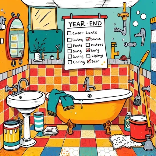 An energetic ArtBrut-style illustration of a cluttered, whimsical bathroom scene celebrating a year-end renovation checklist. The scene features exaggerated, primitive shapes with bold, jagged outlines, dynamic angles, and rough textures. Bathroom fixtures like sinks with exaggerated curves, a striped freestanding bathtub, and mismatched, chaotic tiles evoke a lively, imperfect renovation atmosphere. Oversized cartoonish tools such as a wrench, hammer, and paintbrush with exaggerated proportions and dotted textures add playful character. A colorful, uneven checklist with bright checkmarks and quirky doodles, including a winking showerhead and a grinning faucet, enhances the humorous mood. The background showcases bold, unevenly painted panels in deep teal, mustard yellow, and brick red, emphasizing a DIY, spirited vibe. Details like paint splashes, floating bubbles, and uneven tiles reinforce a lively, chaotic renovation theme. The vivid, saturated colors and rough textures highlight the unrefined charm, making the scene engaging and perfect for a blog cover about celebrating a bathroom upgrade.