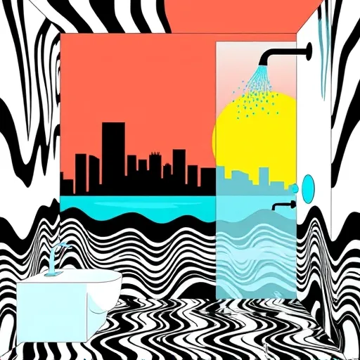An OpArt-style illustration of a modern bathroom remodeling in Westchester, CA, featuring bold black and white geometric patterns inspired by water flows and contemporary fixtures. The scene highlights vibrant pops of turquoise, coral, and yellow to evoke freshness. An abstract Westchester skyline silhouette is integrated into the background beneath wavy optical illusions that create depth and movement. In the foreground, stylized tiles with hypnotic patterns, a shimmering glass shower with distorted reflections, and a floating faucet with looping water streams add playful details. Colorful bubbles and water droplets, some forming subtle smiles, enhance the lively, inviting atmosphere, emphasizing stylish renovation ideas with a creative, precise design that blends OpArt magic with modern elegance.