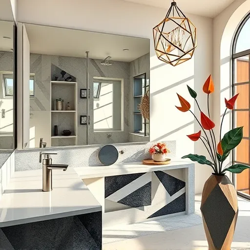 A cubist-inspired illustration of a luxury bathroom remodel in the Fairfax District, California, featuring fragmented geometric shapes forming a sophisticated, avant-garde composition. The scene includes a sleek, angular vanity with reflective surfaces and abstract faucets, surrounded by stylized geometric tiles with intricate patterns and layered textures. A large, geometric mirror reflects abstract light sources, creating dynamic shapes and shadows. Stylized plants with angular leaves provide a contrasting organic element. The background suggests a spacious, modern bathroom with sharp-edged shower enclosures, layered shelves, and California sunshine streaming through angular windowpanes illuminating the scene with colorful shadows. Quirky details include a cubist chandelier made of geometric crystals and a playful vase with abstract floral arrangements, all rendered with disjointed angles and intersecting planes. The muted, rich color palette of soft creams, charcoals, slate blues, and warm terracotta evokes luxury, calm, and artistic sophistication. The open, airy environment highlights a high-end bathroom remodel blending elegance with creative design for a modern, stylish aesthetic.