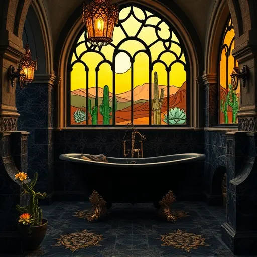 A Gothic-inspired mural depicting regional bathroom design trends in Rancho Park, CA, set in an opulent moonlit chamber with towering Gothic arches featuring intricate stone carvings. The walls are decorated with dark, textured tiles resembling aged marble, accented by subtle gold filigree under flickering wrought-iron chandeliers hanging from a vaulted ceiling. A vintage clawfoot bathtub decorated with delicate vines and blooming desert succulents sits on a checkerboard floor of dark tiles illuminated by warm amber lighting, evoking Southern California desert warmth. Whimsical tiny cacti with miniature Gothic gargoyle faces emerge from tile crevices, adding playful charm. Modern sleek fixtures, including a minimalist black sink with ornate gold fittings, complement the Gothic style, blending contemporary and vintage elements. Behind, large stained glass windows showcase stylized desert flora such as saguaro cacti, blooming agave, and sun-drenched mountains, casting colorful, muted light into the scene. The overall atmosphere is calm and mysterious, combining refined elegance with quirky personality through a palette of deep blacks, rich golds, warm terracotta, and desert green, highlighting innovative, regionally inspired bathroom design trends with Gothic timelessness.