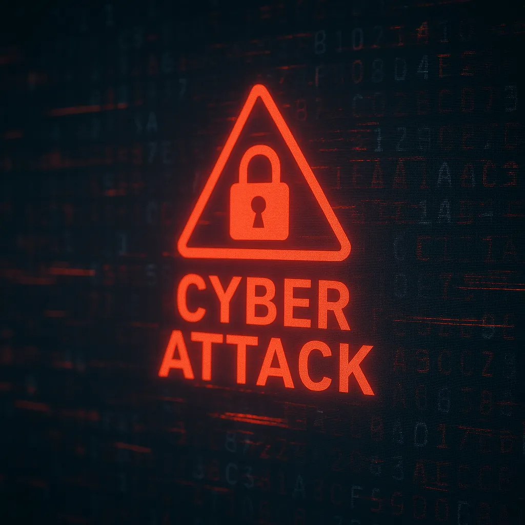 A digital warning graphic showing a red triangle with a padlock icon and the bold text "CYBER ATTACK" beneath it, set against a dark background filled with blurred alphanumeric code and glitch-like effects to convey the concept of a cybersecurity threat.