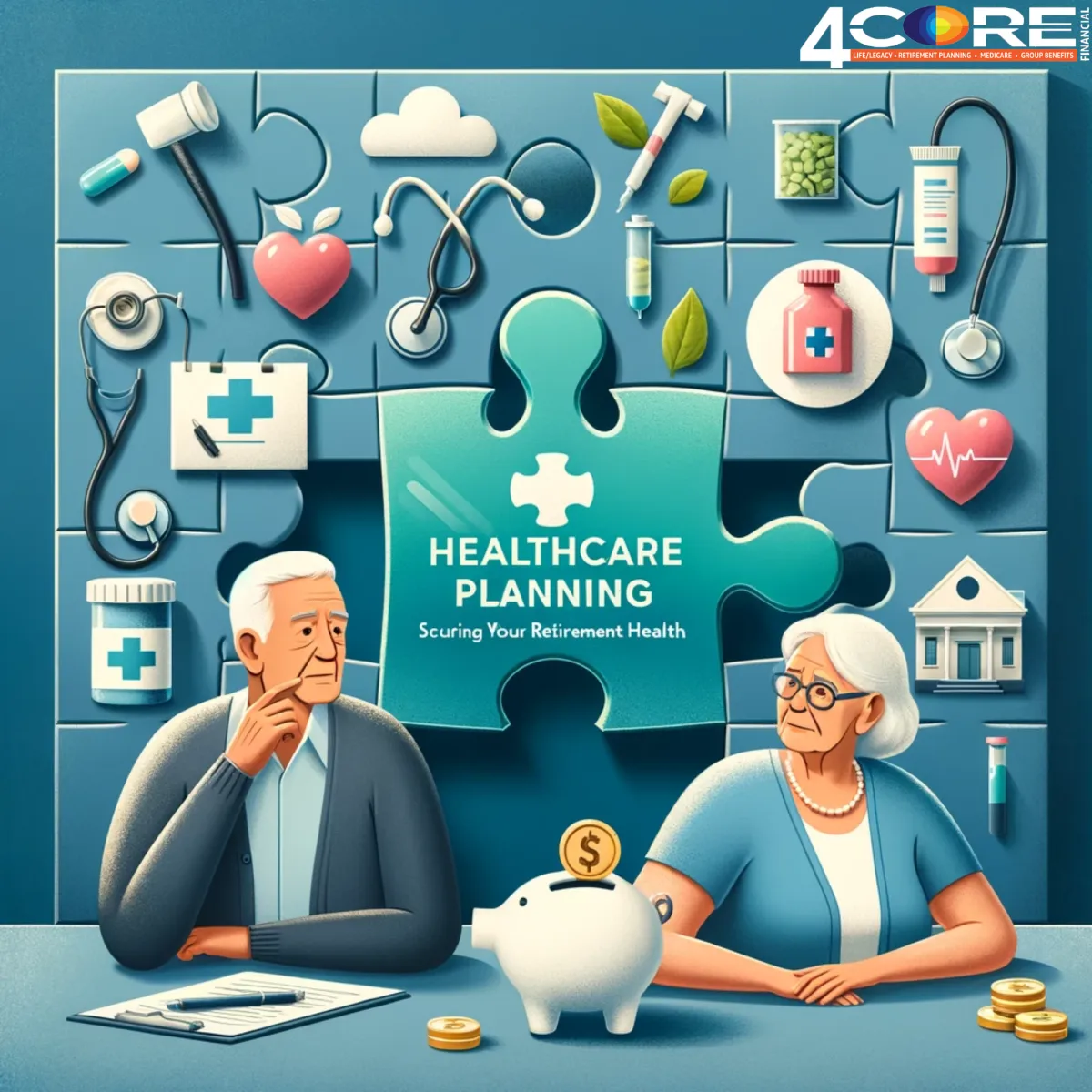 The image features a serene elderly couple in the foreground, thoughtfully looking at a puzzle piece shaped like a medical symbol, representing Medicare. This piece is fitting into a larger puzzle that depicts various healthcare elements like a stethoscope, prescription bottles, dental care, vision care, and a long-term care facility. 